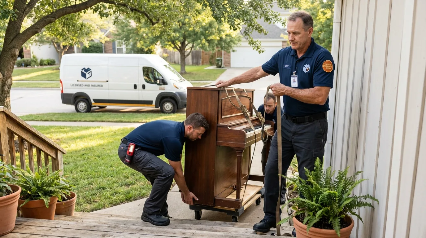 Licensed piano movers securing grand piano in Klamath Falls, OR