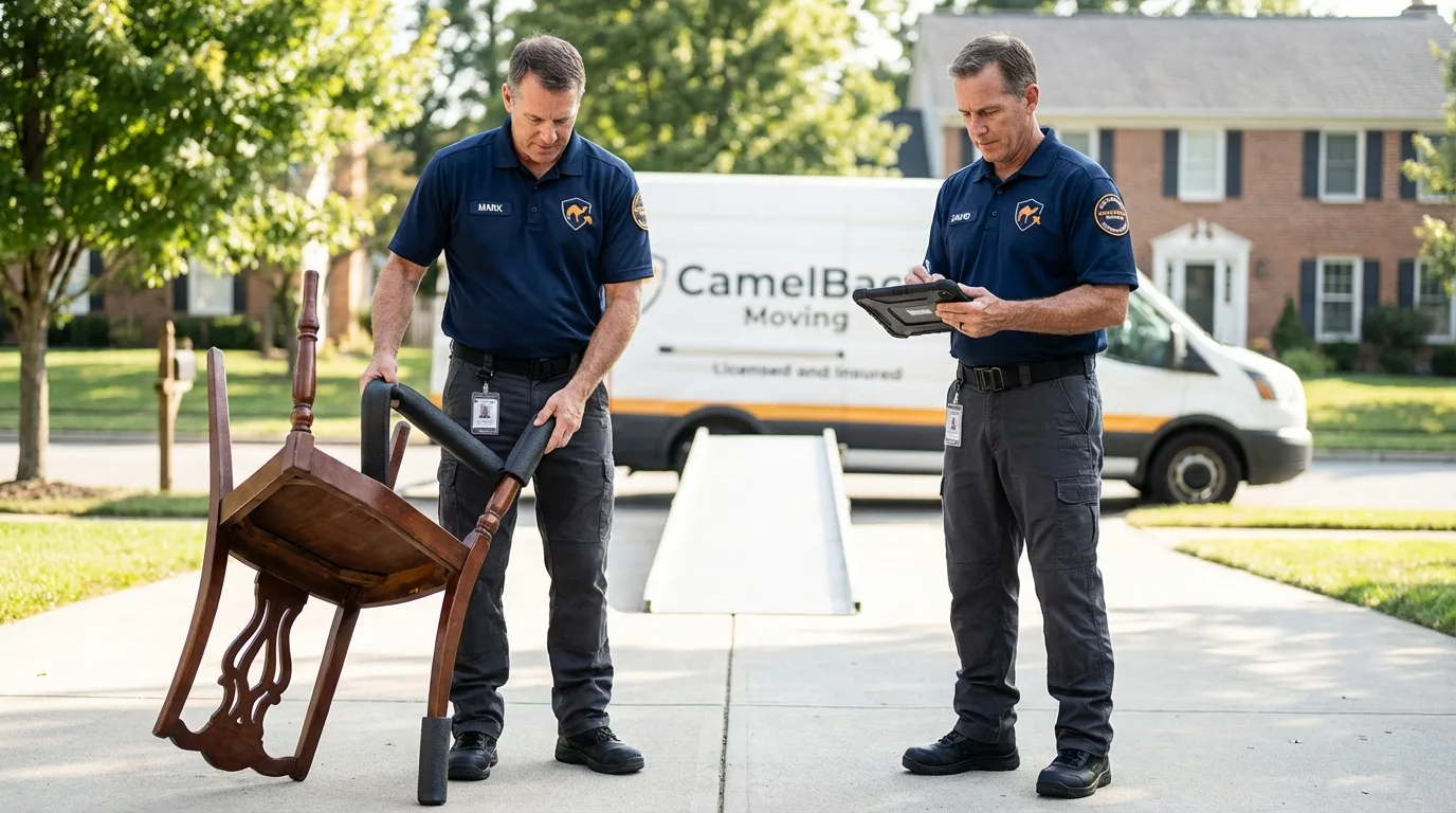 Movers inspecting furniture for damage prevention before loading in Klamath Falls, OR