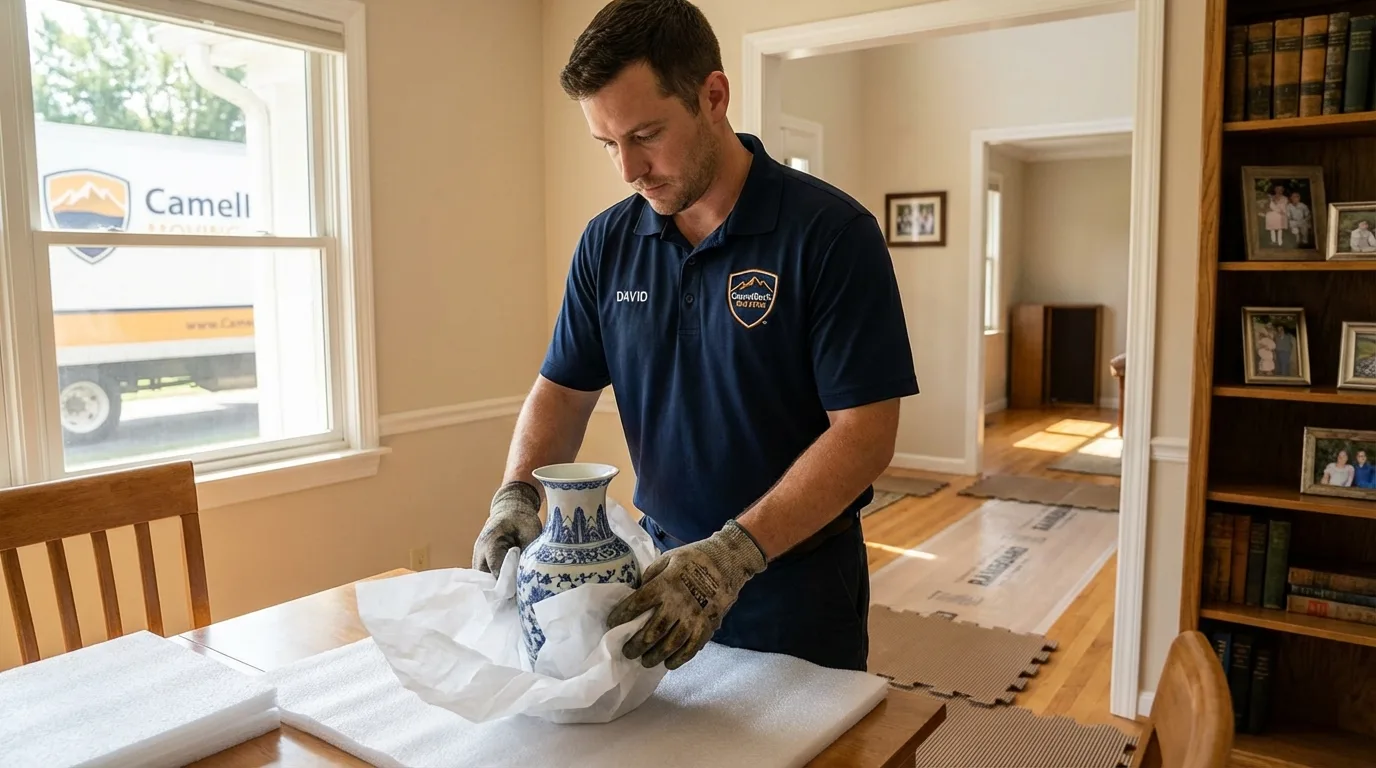 Professional crew carefully wrapping antique vase for senior downsizing move in Klamath Falls, OR